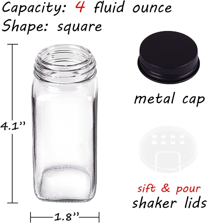 Churboro 25 Spice Jars with 547 Labels- Glass Spice Jars with Black Metal Caps, 4oz Empty Spice Containers with Shaker Lids, Funnel, Chalk Pen, Square Seasoning Bottles for Spice Rack, Drawer, Cabinet