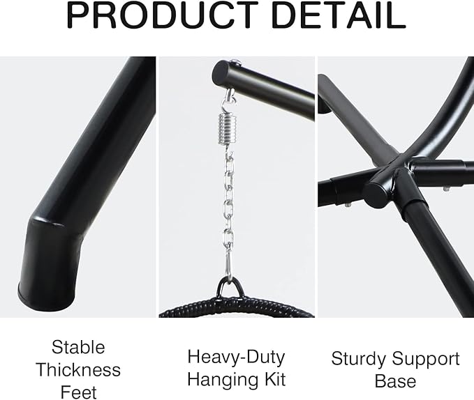 PRIVATE GARDEN Indoor Outdoor Hanging Egg Swing Chair with Stand Wicker Hammock Chairs with Folding Aluminum Frame Grey Water-Repellent Cushion for Patio Bedroom Balcony 330lbs Capacity