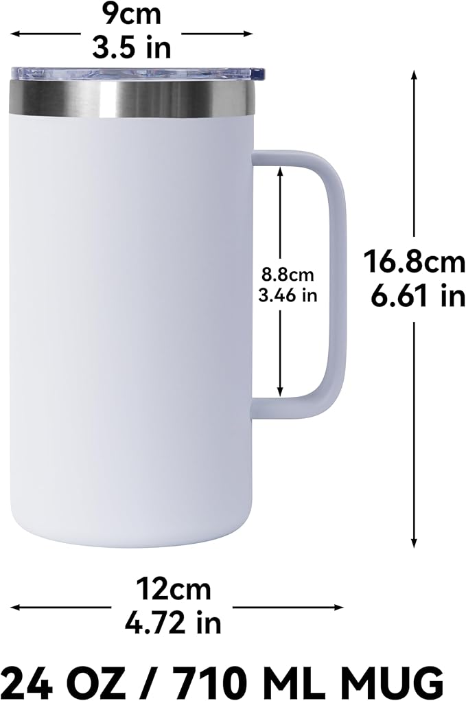 DOMICARE 24oz Mug with Handle and Lid, Stainless Steel Coffee Mug, Reusable Insulated Cup, Travel Mug with Handle, Double Wall Vacuum Coffee Tumbler for Men and Women, White, Pack 1