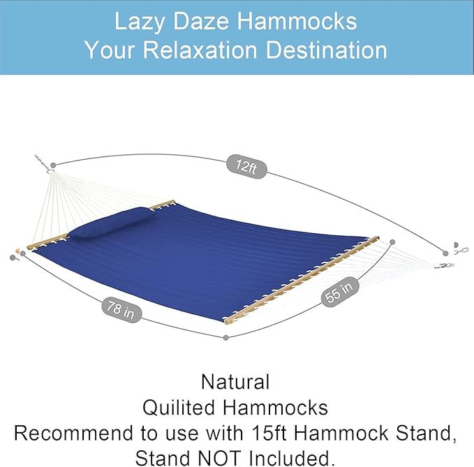 Lazy Daze Hammocks 12 FT Double Quilted Fabric Hammock with Spreader Bars and Detachable Pillow, 450 LBS Weight Capacity, Navy Blue