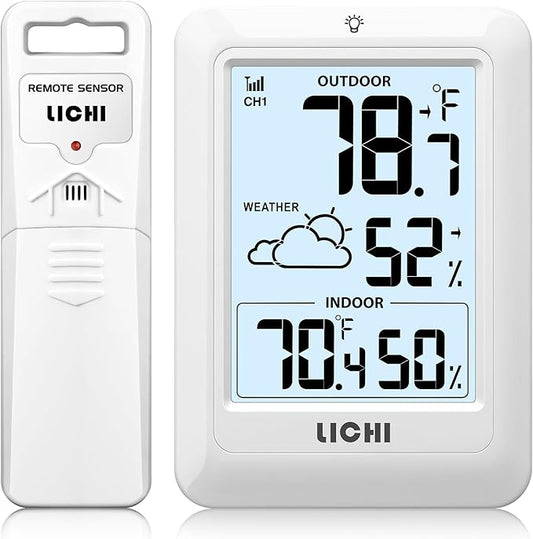 Indoor Outdoor Thermometer Wireless Weather Station, Internal External Thermometer Hygrometer, Home Batteryoperated Temperature Humiditymonitors330 Feet (About 100 Meters) Backlight Display (White)