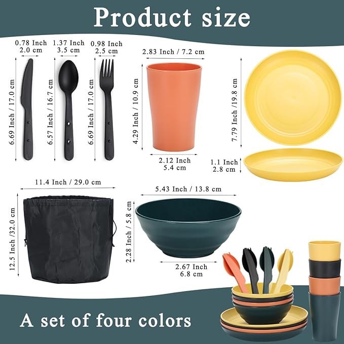 Camping Mess Kit for 4 with Bowl, Plate, Cup, Spoon, Fork, Knife and Carry Bag, Plastic Camping Accessories Essentials Gear for Travel, Picnic, Outdoor, Easy to Carry & Store