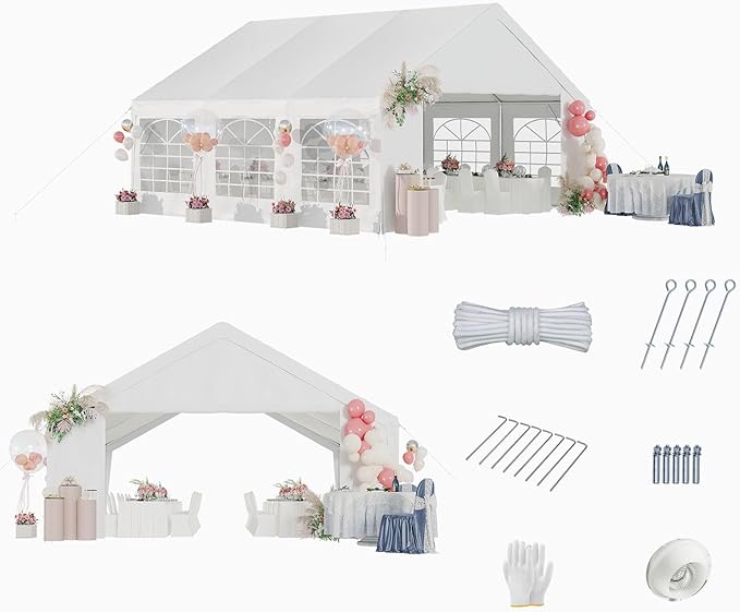 Aoxun 20x20 Party Tent Canopy for Weddings Waterproof Event Tent with Removable Sidewalls &Roll-up Door, Heavy-Duty Steel Frame for Outdoor Weddings, BBQ, Birthday Parties, & Camping,White
