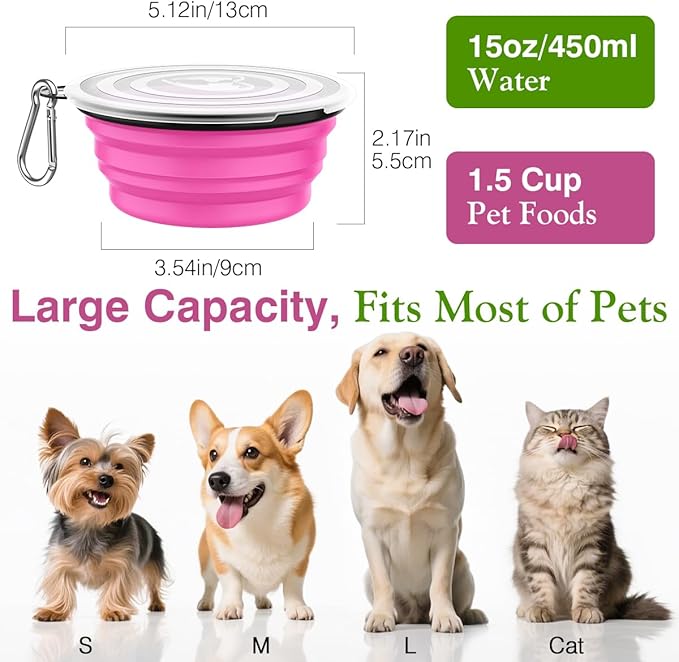Pawaboo Collapsible Dog Bowls 2 Pack, Silicone Feeding Watering Bowls with Lids & Carabiners for Dogs Cats, Portable Water Feeder Food Bowl for Walking Traveling Home Use, Pink + Green