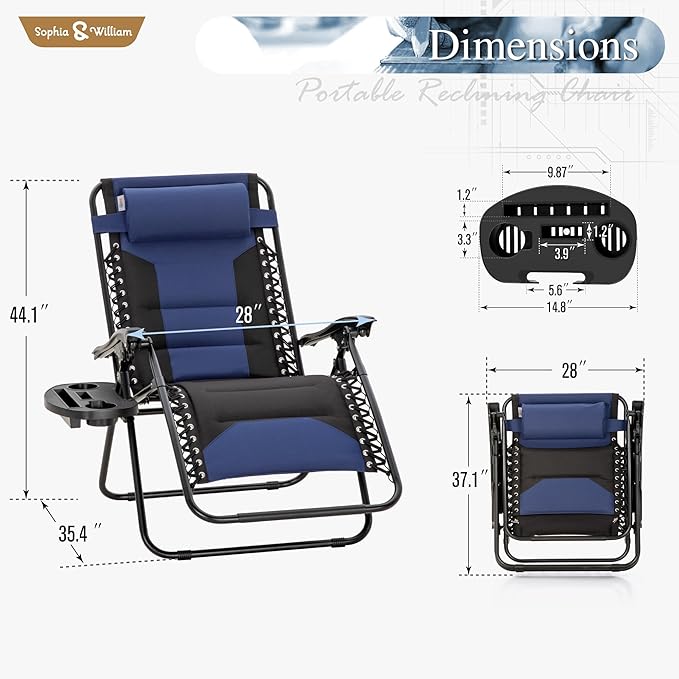Sophia & William Oversized XL Zero Gravity Recliner Chair Set of 2 Padded, Folding Reclining Lounge Chair with Wide Armrest and Cup Holder, Support 400 LBS, Blue