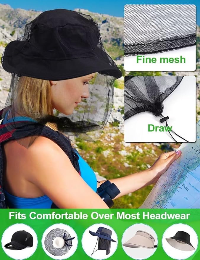 Wohohoho Mosquito Head Net Mesh With Drawstring, Bug Face Shield for Hats, Beekeeper Mask Protection for Men & Women Against Midges, Bugs & Gnats (2 Packs, Grey, Updated Big Net)