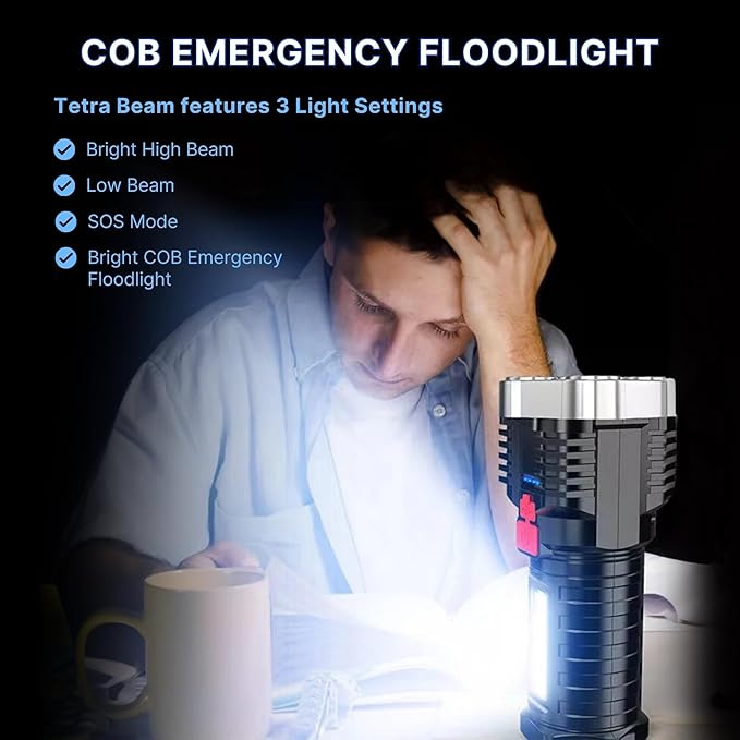 TetraBeam Rechargeable Tactical Flashlight with Advanced COB LED Tech – USB Rechargeable Flashlights, Water-Resistant Work Light, 3 Light Settings, Emergency Floodlight, Real-Time Power Monitoring