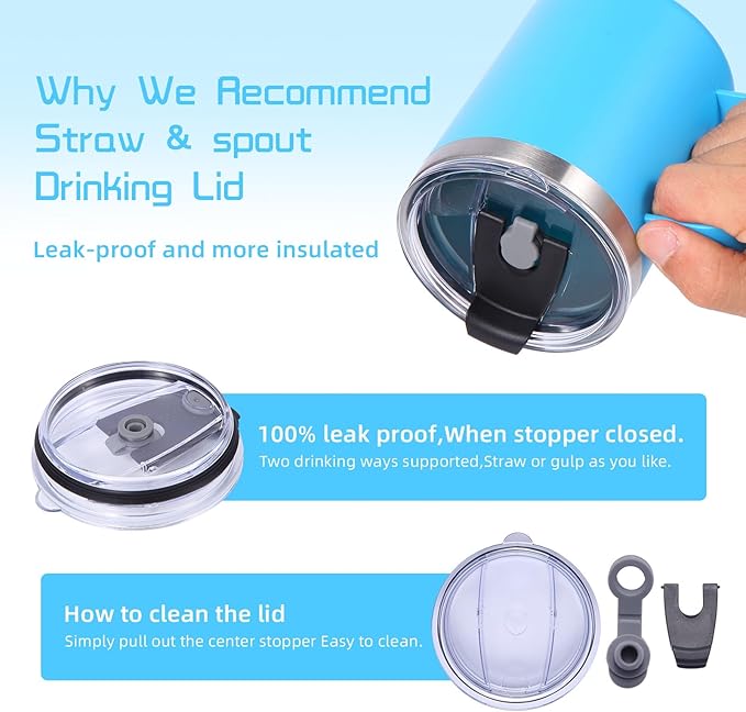 Volhoply 12oz Insulated Leakproof Coffee Mug with Flip & Straw Lid Bulk 8 Pack,Double Wall Vacuum Stainless Steel Travel Tumbler Cup with Handle,Reusable Camping Keep Cold/Hot(Blue,8 Set)