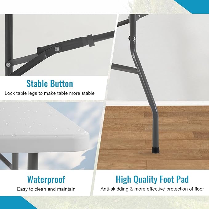 PayLessHere | 8FT Folding Table | Portable Plastic Table with Carry Handle | Waterproof & Foldable Table Design | Steel Frame with Lock | White | for Events, Camping, Indoor & Outdoor Use