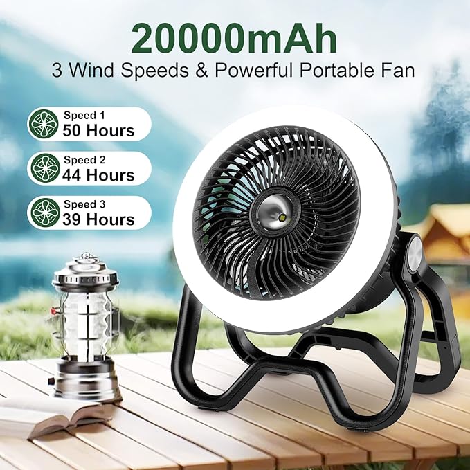 Portable Rechargeable Camping Fan with LED Lantern-40Hrs, Battery Operated Oscillating Fan with Remote, 3 Speeds for Tents, Outdoor, RV, Outage（Black）