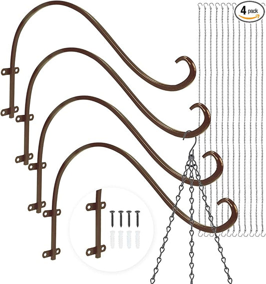 Plant Hangers Outdoor, 4 Pack 12 Inch Plant Hooks for Wall Metal Plants Hanging Bracket for Bird Feeder, Flower Baskets, Wind Chimes, Lanterns, Indoor Outdoor, Bronze