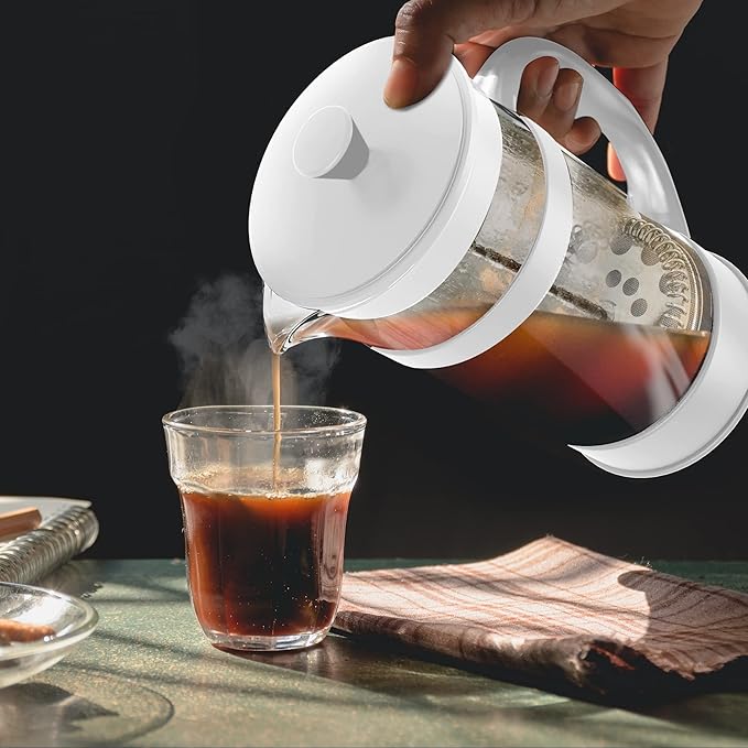 Utopia Kitchen French Press Espresso and Tea Maker with Triple Filters, Stainless Steel Plunger and Heat Resistant Borosilicate Glass (White, 34-oz (Pack of 1))