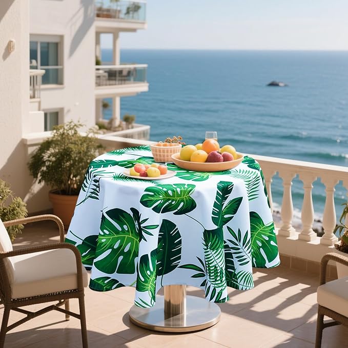 Poise3EHome 60 inches Outdoor/Indoor Waterproof Tropical Round Tablecloth Green for Camping Picnic Party Patio Table Spring, Palm Leaf