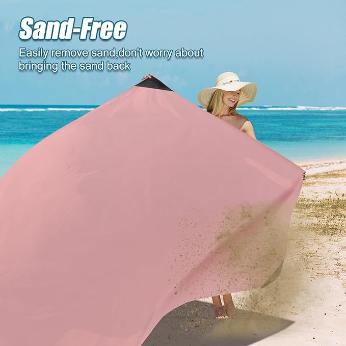 Odoland Pocket Blanket Picnic Blanket, 71" x 63" SandProof Waterproof Outdoor Beach Blanket with Portable Bag, Foldable Lightweight Sand Free Quick Drying Beach Mat for Hiking Camping Travel, Pink