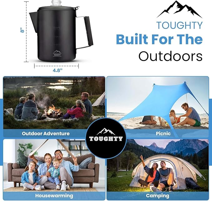 Toughty Yosemite Percolator Coffee Pot – Classic Coffee Percolator Stovetop for Camping & Home – Durable Stainless Steel - Gas, Electric & Induction Stoves – Old-Fashioned Cowboy-Style Pot – 9 Cups
