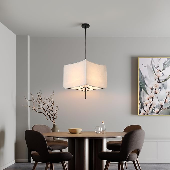 Modern Square Linen Fabric Pendant Light - 74.8??x 14.17??x 14.17?? Adjustable Hanging Light Fixture, E26 Socket (No Bulbs), Minimalist, for Kitchen, Dining Room, Bedroom, Living Room,Corner