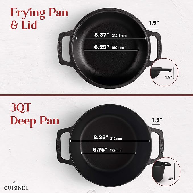 Cuisinel Cast Iron Dutch Oven - 3-Quart Deep Pot - Pre-Seasoned 2-in-1 Multi-Cooker - Combo Lid Doubles as 8"-inch Skillet Frying Pan + Silicone Handle Covers + Scraper - Use for Baking Bread