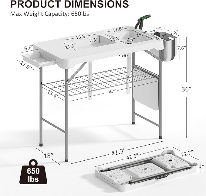 42.5" Fish Cleaning Table with Dual Sink, Portable Folding Camping Table with Faucet, Sprayer, Grid Rack, Hose Hook Up & Knife Groove, Outdoor Sink Station for Picnic Beach Patio