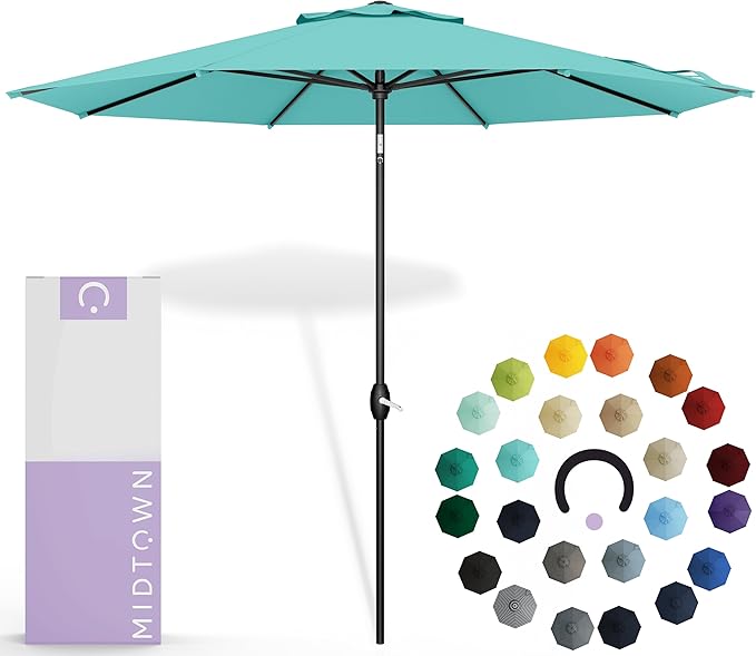 Midtown Umbrellas Sunbrella Umbrella 8 Feet Outdoor Umbrella With Sunbrella Aruba Acrylic Fabric - Auto-Tilt Aluminum Frame Patio Umbrella For Backyard, Deck, Garden, Pool - Black Pole
