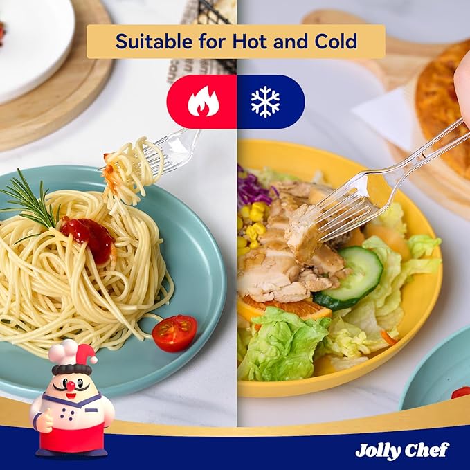 JOLLY CHEF 300 Count Clear Plastic Forks Heavy Duty, 7.1" Heat Resistant Solid and Durable Plastic Forks Disposable, Disposable Bulk Cutlery Perfect for Parties Supply Events Everyday Use