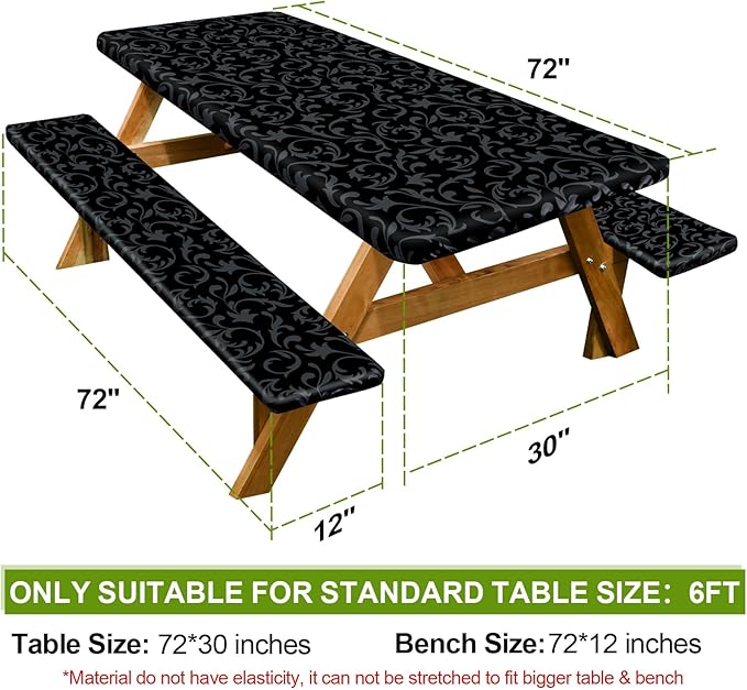 Picnic Table Cover with Bench Covers Camping Essentials Waterproof Windproof Camping Tablecloth with Drawstring Bag, Fitted Rectangle Tables and Seats, 72in, Black Grey