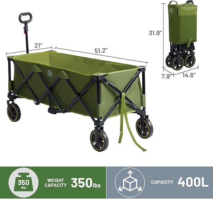 Timber Ridge 51.2'' Extended Collapsible Wagon Cart with Brakes and Cargo Net, 350LBS Heavy Duty Foldable Utility Wagon with Adjustable Handle, 400L Capacity Portable Cart for Camping Sports Shopping