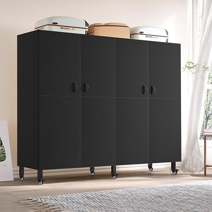 FPIGSHS Heavy Duty Clothes Rack with Magnetic Door 2000LBS Foldable Portable Wardrobe Closet for Hanging Clothing Rolling Garment Rack on Wheels for Bedroom Closet System (A（Black Door）, 33.4in)