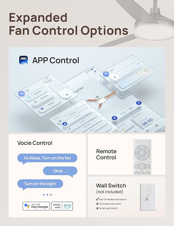 Dreo Smart Ceiling Fans with Lights, 42 Inch Grey Ceiling Fan, 12 Speeds & 3 Fan Modes, Stepless Color Tones, Dimmable LED Light, 1-12H Timer, Quiet DC Motor, Remote/APP/Alexa/Wall Switch Control