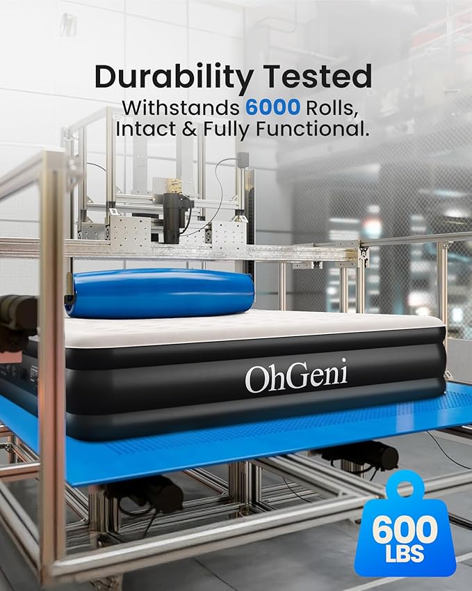 OhGeni Air Mattress Full with Built-in Pump,18'' Comfortable Blow Up Colchones Inflables Mattress for Home,Guests,Foldable,Portable Bed for Adults,Durable Airbed Supports Up to 600 lbs,Black