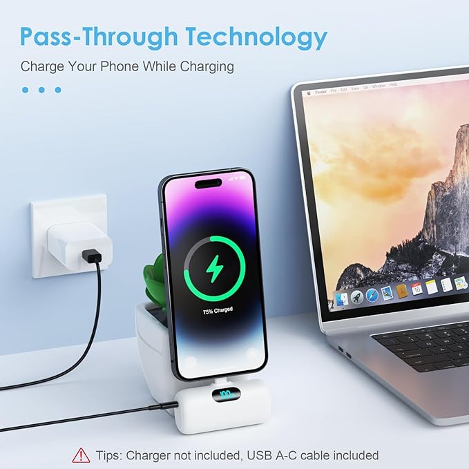 Mini Portable Charger USB C Power Bank, Upgraded 5000mAh PD Fast Charging Battery Pack Built-in USB-C Connector,LCD Display,Compatible with iPhone 15,15 Plus,15 Pro/Max,iPad Pro/Air Android Phone etc