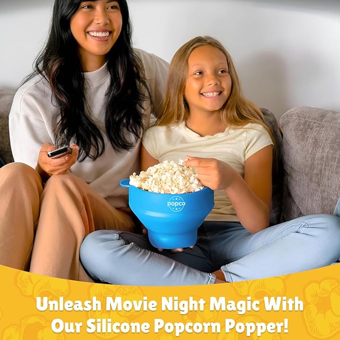 POPCO Silicone Popcorn Maker - Microwave Popcorn Popper - Collapsible Bowl, Heat-Resistant, Easy to Clean, Ideal for Family Movie Nights, 15-Cup Capacity - Transparent Glacier Blue