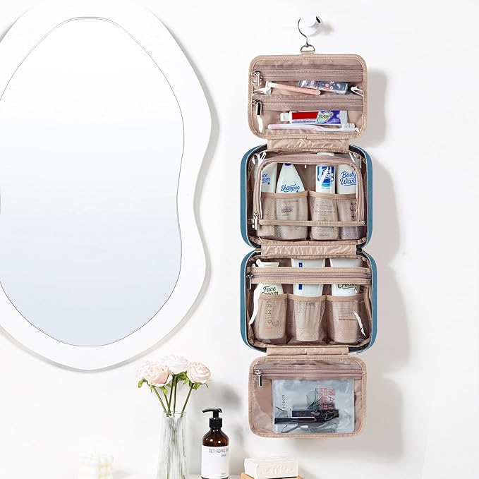NISHEL Travel Toiletry Bag for women, Portable Hanging Organizer for Travel-Sized Shampoo, Conditioner, Brushes Set, Makeup Accessories, Medium Size, Lake-Blue