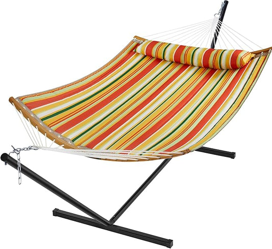 SUPERJARE Hammock with Stand, 2 Person Heavy Duty Hammock with Padded Cotton, Detachable Pillow & Strong Curved-Bar & Portable Carrying Bag, Perfect for Outdoor & Indoor, Orange with Stripes