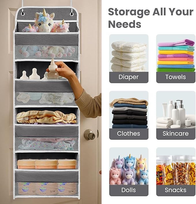 Over The Door Organizer with 4 Side Mesh Pockets, 44lb Weight Capacity Hanging Behind The Door Storage Suitable for Storing Toys, Shoes, Towels, Grey
