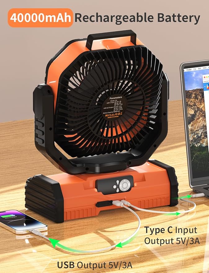 12 Inch Portable Camping Fan, 40000mAh Rechargeable Battery Powered Fan with 4 Speeds Wind and LED Light 140H, Cool & Warm Light and SOS Mode, Auto Oscillating, 360° Rotating Hang Hook(Orange)