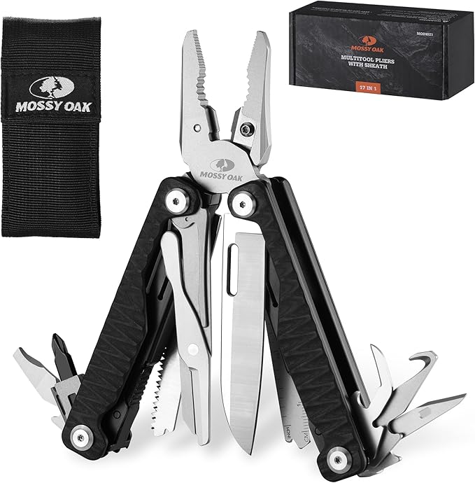MOSSY OAK Multitool, 17-in-1 MultiTool Pliers with Nylon Sheath, Wire Stripper, Box Cutter, Bottle Opener, Screwdriver, Durable Multi Tool for Camping, Hiking, Hunting & EDC