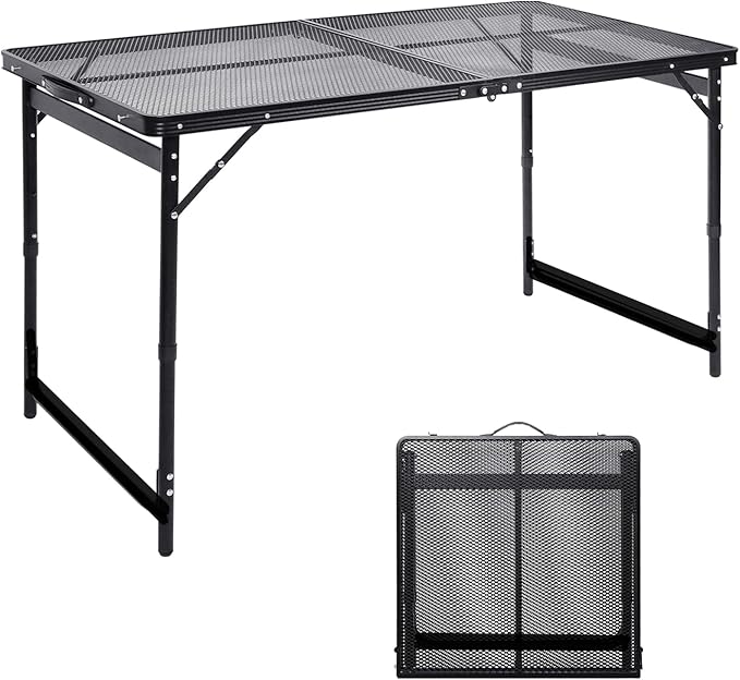 Camping Table 4FT Grill Table Foldable Folding Picnic Portable Stand Mesh 3 Height Adjustable Outdoor Card BBQ RV Black 47.2×23.6 inch