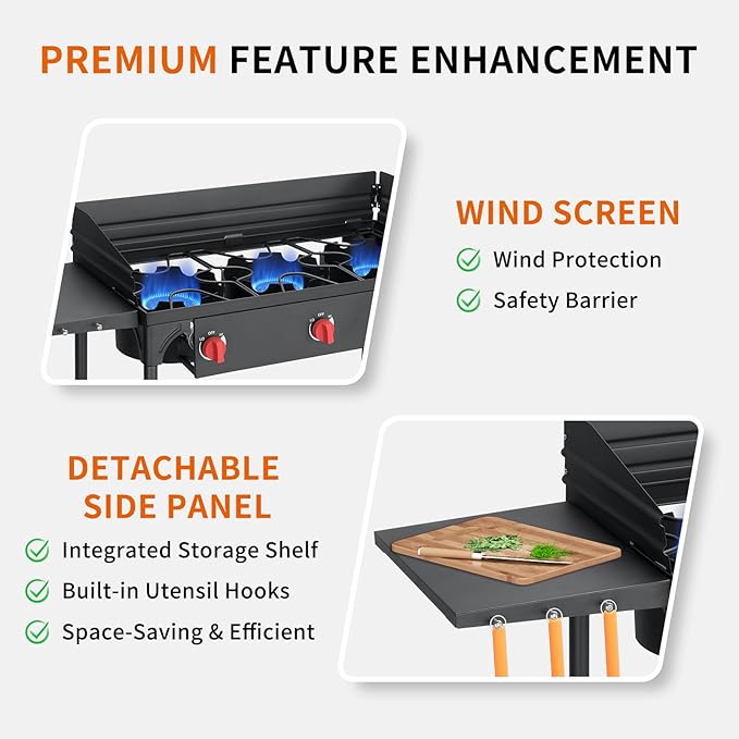 SKOK 3 Burners Portable Propane Stove with Side Shelves & Wind Panel, Camping Stove with 225,000 High Efficiency Propane Burner, Outdoor Stove for Camping, Backyard, Picnic