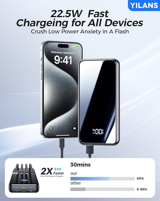 Portable Charger,42800mAh Power Bank Built-in Cable,22.5W PD USB C in & Out Fast Charging, External Battery Pack 6 Output & 2 Input, Travel Phone Charger for iPhone 17/16/15/14/13/12, Android (Black)