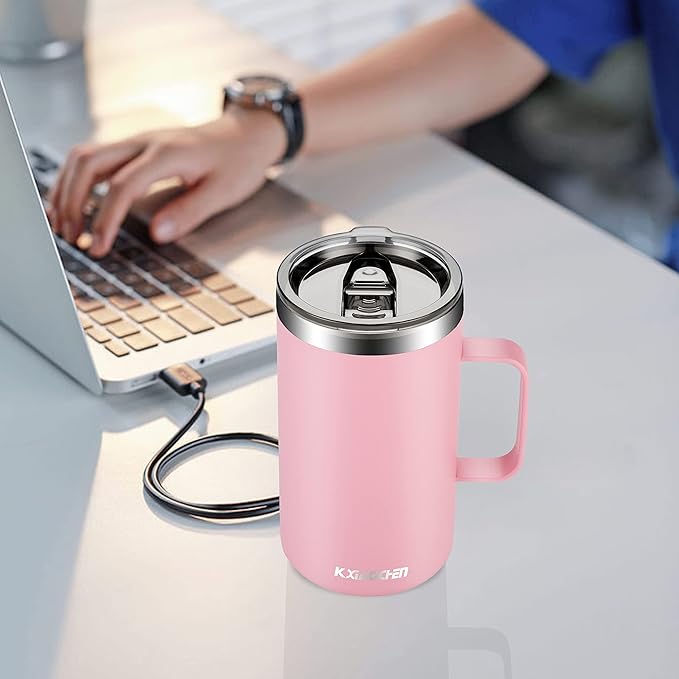 KXIAOCHEN 20oz Insulated Coffee Mug with Lid, Stainless Steel Coffee Cup, Double Wall Vacuum Coffee Tumbler with Handle, Premium Thermal Travel Coffee Mug (Pink)