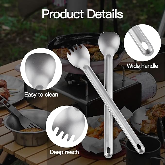 Titanium Camping Utensil Set Lightweight Titanium Flatware Tableware Cutlery Long Spork and Spoon with Carrying Bag for Traveling Picnic Hiking