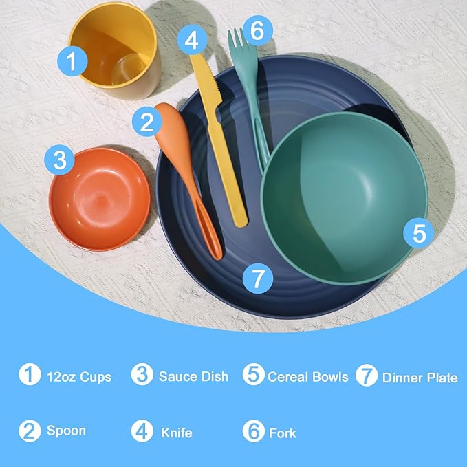 Wheat straw plates and bowls sets with cutlery - Unbreakable wheat straw dinnerware sets of 28 - Microwave safe plates,bowls,cups for camping,kitchen,new apartment.Colorful