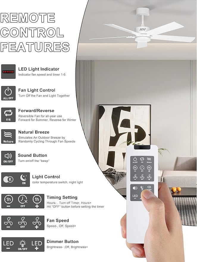 Ohniyou 48'' Ceiling Fans with Lights and Remote, 6 Speeds, 3 Colors & Dimmable LED Light, Silent DC Motor White Ceiling Fan for Living Room, Bedroom