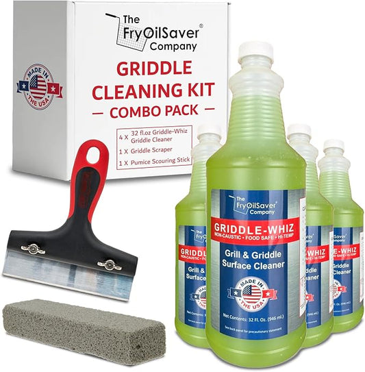 Combo Kit Flat Top Grill Griddle Surface Cleaner, 4-Pack Griddle-Whiz plus Griddles Scraper plus Pumice Stone for Tough Grease & Food Buildups for Griddles & Flat Top Grills