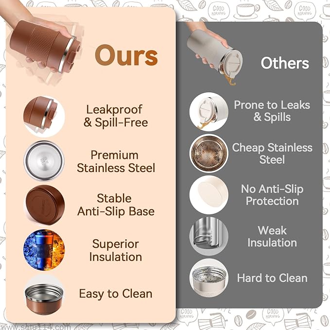 12OZ Travel Coffee Mug Insulated Coffee Cup with Spill Leak Proof Lid, Portable Stainless Steel Tumbler Reusable Hot and Cold Water Mug for Car, Daily, Camping- Coffee