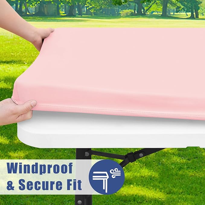 Spandex Picnic Table Cloth 2 Pack, Elastic Fitted Tablecloths for 6 Foot Rectangle Tables, Stretch Washable Patio Table Cover for Outdoor, Camping, Banquet and Parties (Pink, 30"x72")