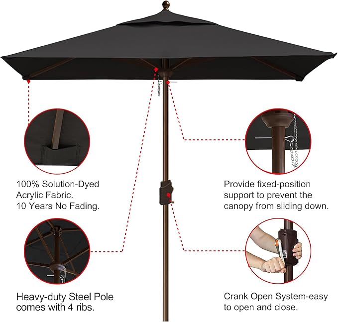 EliteShade USA 10-Year-Non-Fading Sunumbrella 6x6Ft Square Market Umbrella Patio Outdoor Table Umbrella with Ventilation（Black）