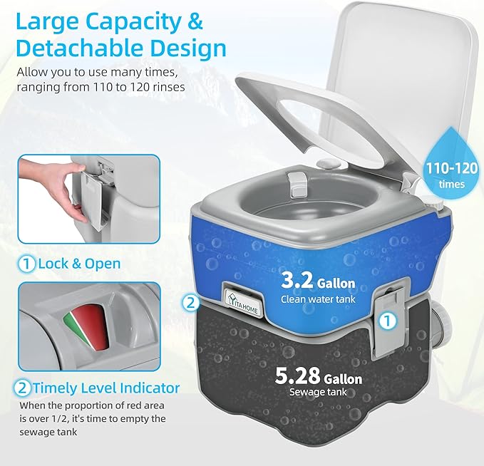 YITAHOME Portable Toilet Camping Porta Potty with Carry Bag and Hand Sprayer, 5.28 Gallon Leak-Proof Indoor Outdoor Toilet with Level Indicator, Handle Pump, for RV Travel, Boat and Trips