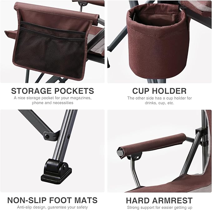 EVER ADVANCED Oversized Folding Camping Chair for Adults, Heavy Duty Lawn Chair with Side Pockets, Portable Collapsible Quad Chair for Outside, Support Up to 500lbs