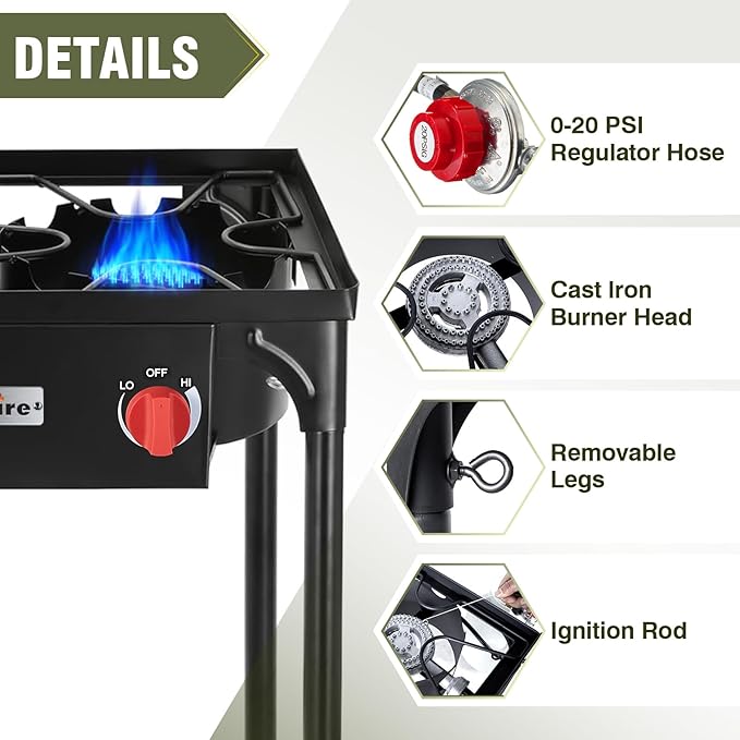 Bestfire 3 Burners Camping Stove for Cooking Outdoor, 225,000 BTU Propane Burners with Auto Ignition Button&Removable Legs, Temperature Control Knobs and 20 PSIG High Pressure Regulator for BBQ